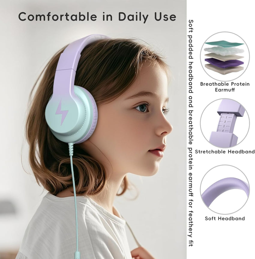 Candy Bila Kids Headphones, Wired Headphones for Kids Over Ear with Microphone, 85/94dB Volume Limiter Headphone for Girls Boys, Foldable Headphone for Learning & Entertainment,Gradient Purple