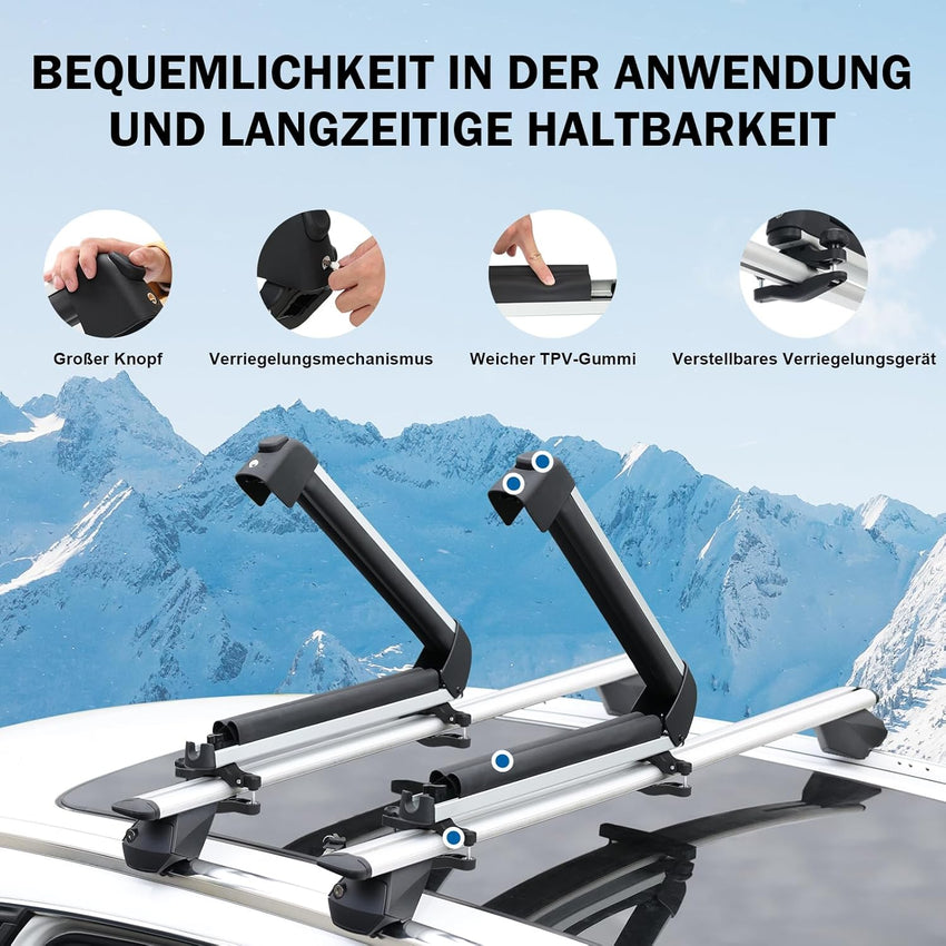 Ski Roof Rack Aluminium for 2 Pairs of Skis or 2 Snowboards with Lock & Padding â Silver