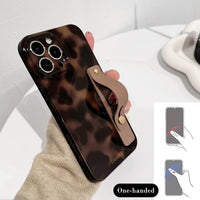 NITITOP Compatible with iPhone 15 Pro Case Cute Leopard Print Brown Amber Tortoise Design for Women Girls Men with Wrist Adjustable Hand Strap Kickstand Aesthetic Protective Cover - Brown