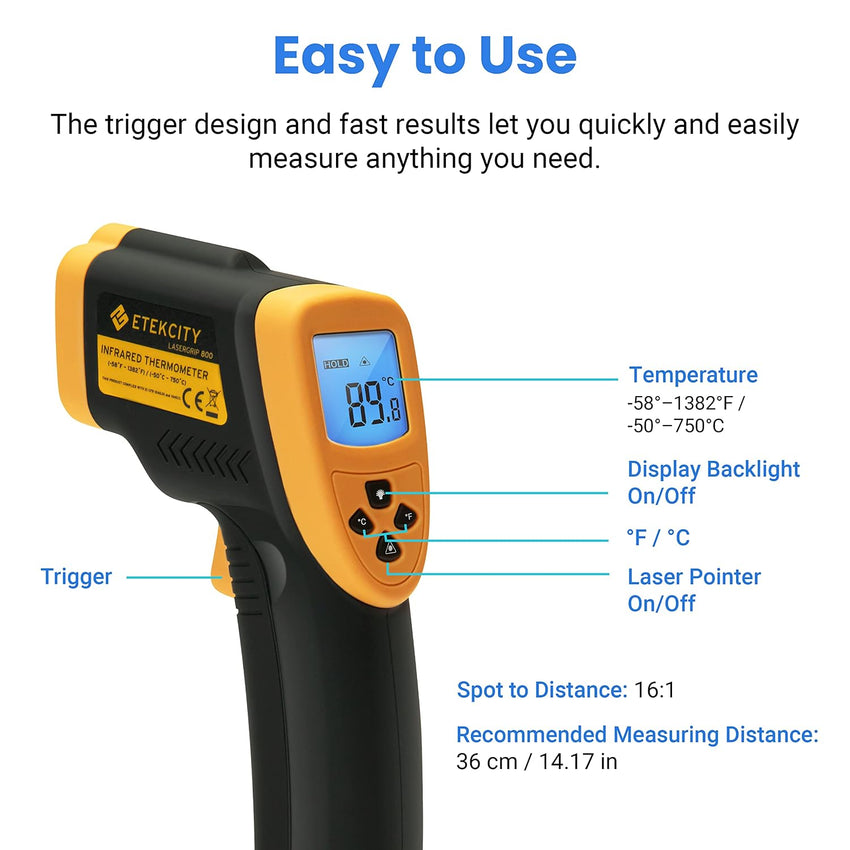 Etekcity Laser IR Thermometer Non-Contact -50Â°C 750Â°C Lasergrip 800 battery included Yellow/Black