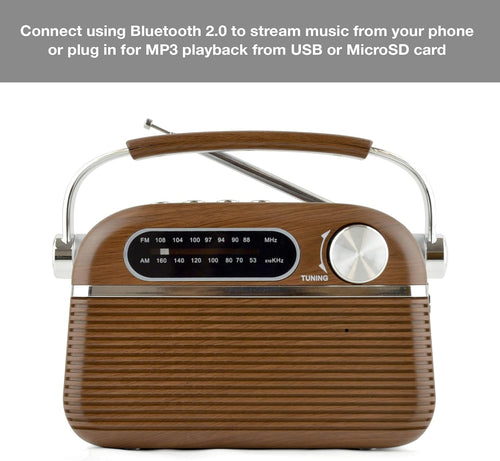 LLOYTRON "Vintage" Style AM/FM Radio with MusicStream- Portable and Rechargeable - MP3 Playback via USB or Micro SD - Mains or Battery Powered - N6403WD - Wood Effect