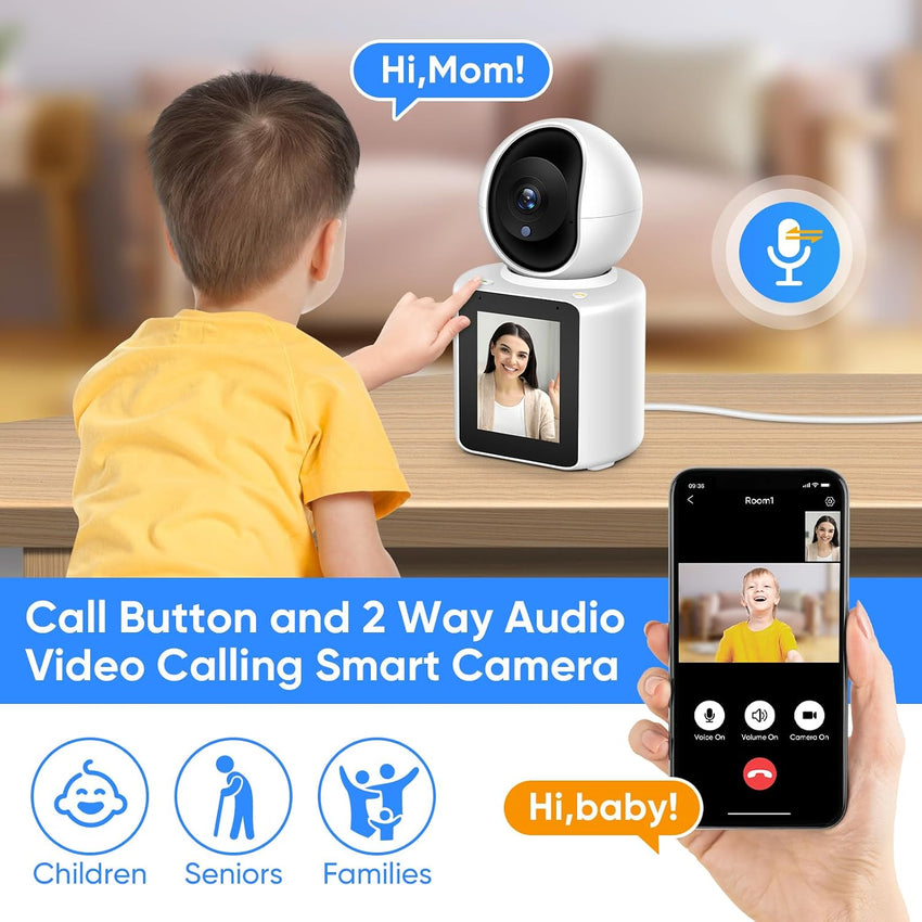 Two-Way Video/Audio Indoor Camera, Pet Dog Cameras with App, 2K Home Security Camera with Pan Tilt, Night Vision, One-Button Call, Motion Detection, Human/Sound/Crying Detection, Cloud & SD