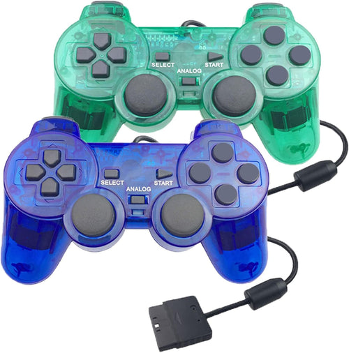 Hovlian 2 Pack PS2 Wired Controllers Double Shock Gamepad â Clear Blue & Clear Green