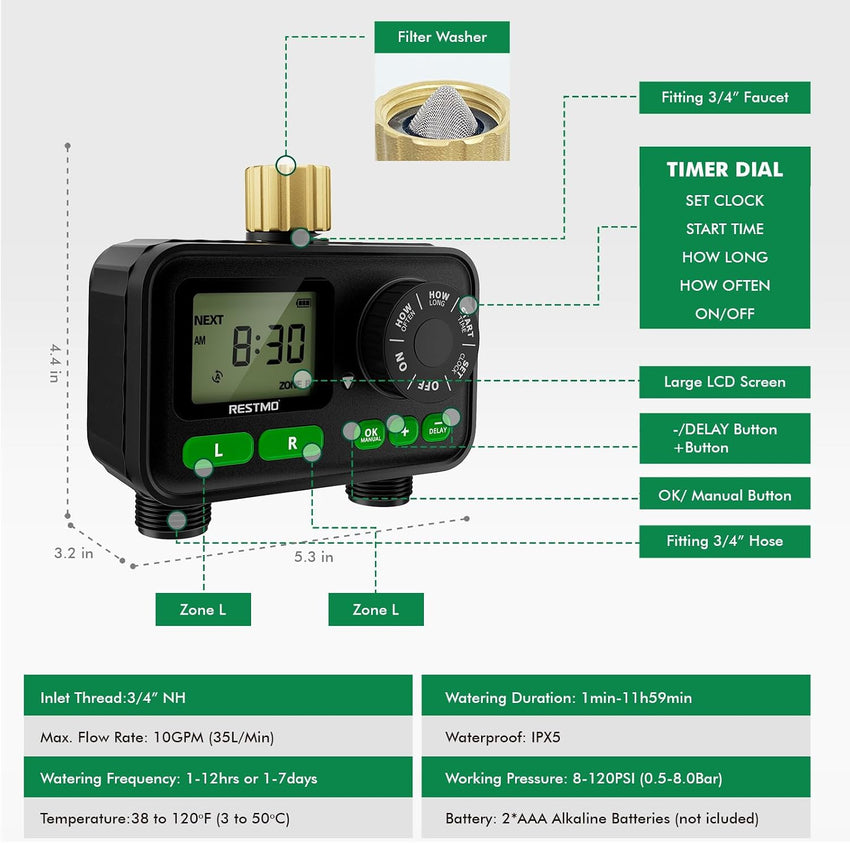 Sprinkler Timer 2-Zone Programmable Up to 11h59m Brass Inlet Rain Delay Manual/Auto Outdoor Hose