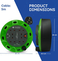 Desiretech - 4 Socket Extension Lead - 5m Portable Cable Reel - Thermal Cut Out, Ergonomic Handle, Green/Black - Heavy Duty Extension Cord for Indoor Use (5 Metre)