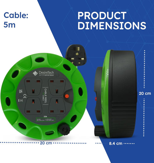 Desiretech - 4 Socket Extension Lead - 5m Portable Cable Reel - Thermal Cut Out, Ergonomic Handle, Green/Black - Heavy Duty Extension Cord for Indoor Use (5 Metre)