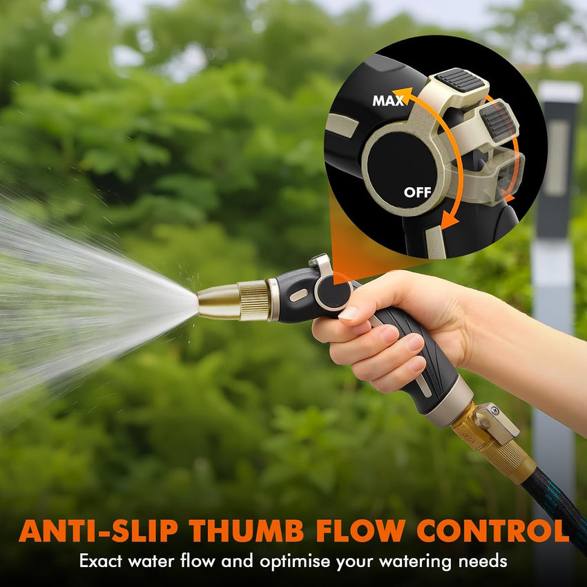 RESTMO Hose Pipe Spray Gun High Pressure, Heavy Duty Pure Brass Nozzle Head, Metal Hand Sprayer for Car Washing, Garden Cleaning, Lawn and Plant Watering, Thumb Flow Control, 4 Spray Patterns