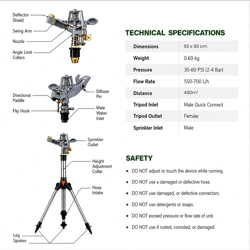 Pulsating Lawn Sprinkler Tripod 450mÂ² Coverage Adjustable Spray - 90cm