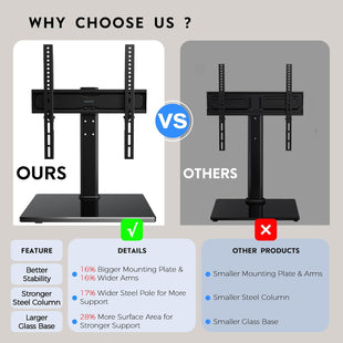 BONTEC Universal TV Stand for 24-60 Inch LCD LED OLED Plasma TVs, Height Adjustable Table Top Pedestal with Bracket, 8mm Tempered Glass Base, 45kg Load, Max VESA 400x400mm, Cable Management