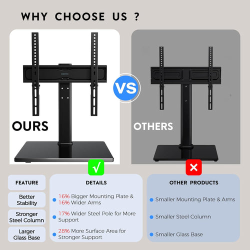 BONTEC Universal TV Stand for 24-60 Inch LCD LED OLED Plasma TVs, Height Adjustable Table Top Pedestal with Bracket, 8mm Tempered Glass Base, 45kg Load, Max VESA 400x400mm, Cable Management