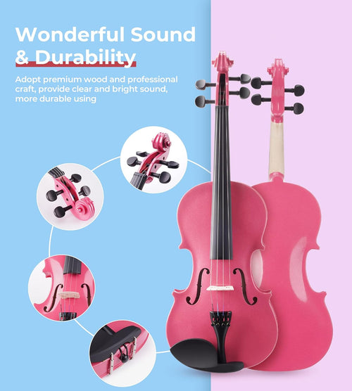 Vangoa 1/4 Violin Set Acoustic Violin Fiddle Quarter Size for Kids Beginners Students with Violin Case, Rosin, Shoulder Rest, Tuner, Strings, Violin Bow, Fingerboard Sticker, Pink