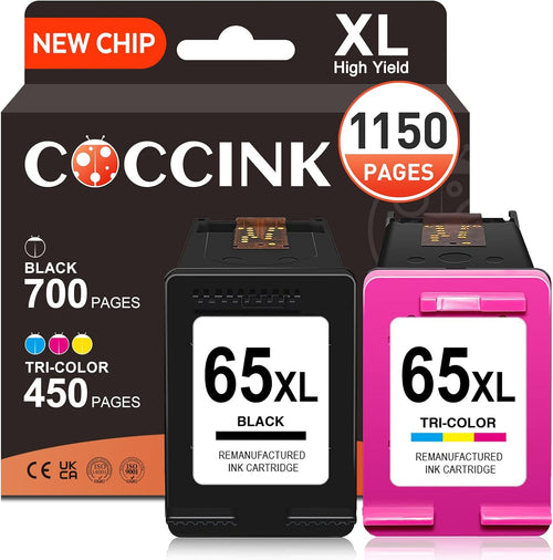 COCCINK 65XL for HP Deskjet 3755 Ink Cartridges, HP DeskJet 3700 3752 3772 2600 2622 2624 2636 2652 2655 Envy 5052 5012 5055 5000 Printer Remanufactured, 1 Black 1 Color Combo Pack