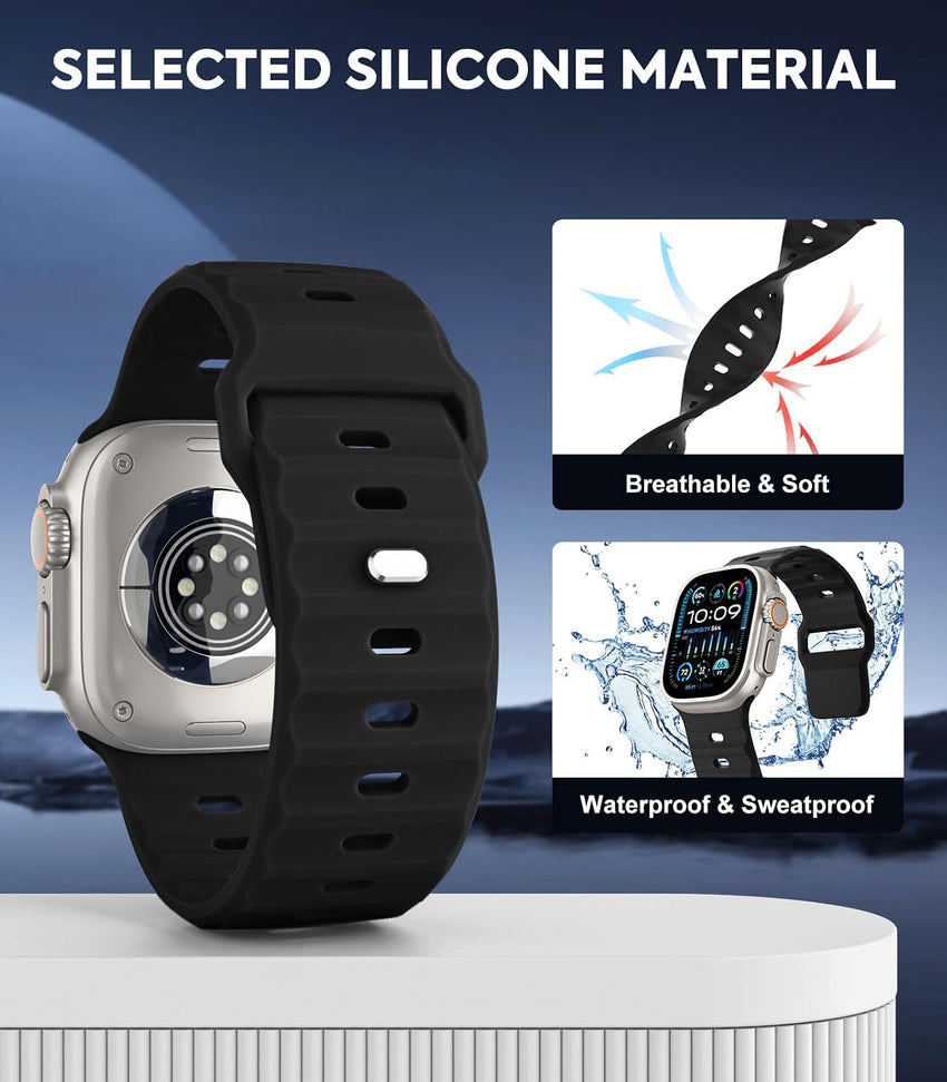 MoKo Ocean Band Compatible with Apple Watch Ultra 3/2/1 49mm,S11/S10 46mm,9/8/7 45mm,SE3/SE2/SE/6/5/4 44mm,3/2/1 42mm,Silicone Replacement Strap Wrist Band for Men Women, Black