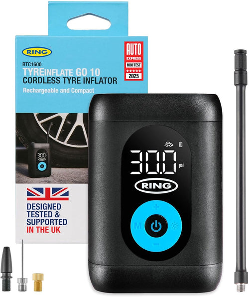 RING TYREINFLATE GO 10 Compact Cordless Tyre Inflator Air Compressor with Three Piece Adaptor Kit - Measures in PSI, BAR and kPA