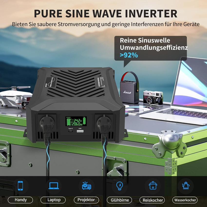 Pure Sine Wave Inverter 12/24V to 240V 1200W/2300W Rated Peak 2000W/4000W 2 UK Sockets USB LCD â 12/24V