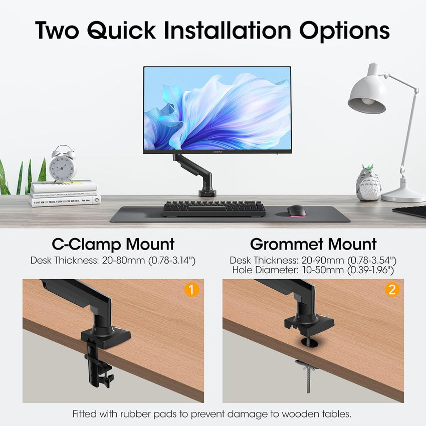 KOORUI Single Monitor Arm Desk Mount for 17-32 inch Screen, Vertical, Swivel, Adjustable Gas Spring Monitor Stand with C-clamp/Grommet Mounting Base, VESA 75/100mm,Increased Load Capacity from 2-9kg.