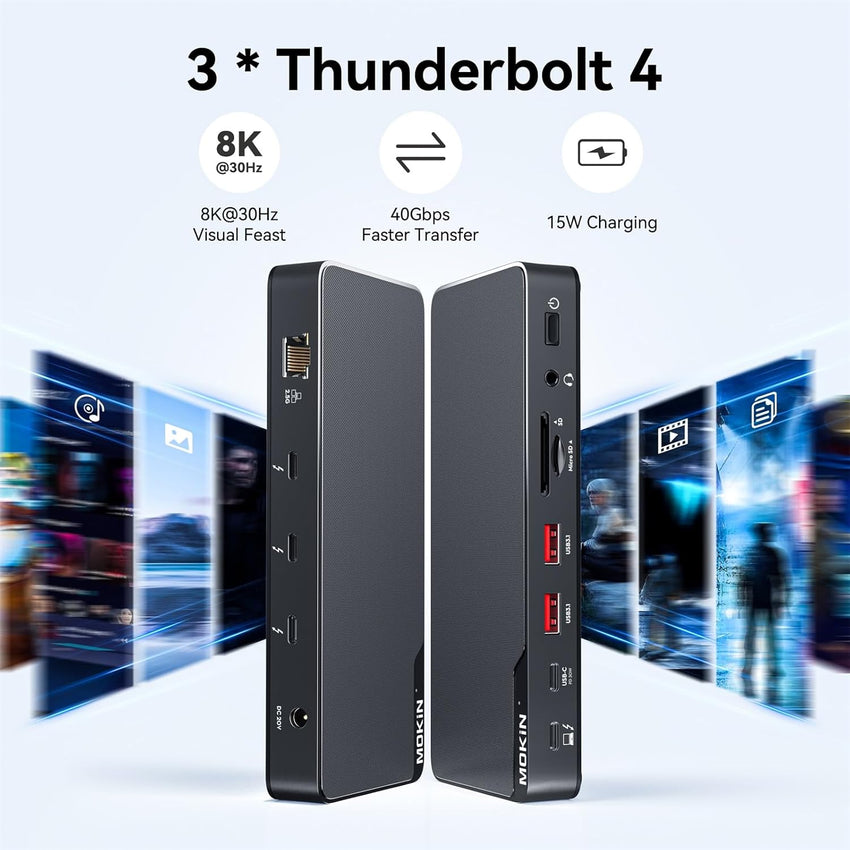 MOKiN Thunderbolt 4 Dock, 12-in-1, Single 8K or Dual 4K @ 60Hz Display, 85W Charging, 3 x 40G Thunderbolt 4, 2 x 10G USB-A, 1 x USB-C (PD 30W), 2.5GbE, Audio, SD/TF 4.0, Compatible for Mac and Windows