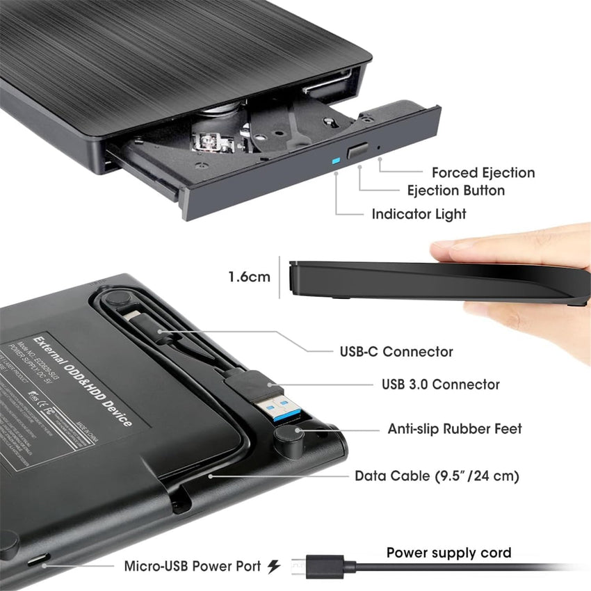 ZZOSRDR External CD DVD Drive, Type-C & USB 3.0 Portable Optical DVD Drive, CD DVD Player RW Writer Burner Reader for Laptop, Desktop, PC, Mac, IOS, Windows 11/10 / 8/7 / XP/Linux/Vista