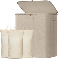 Laundry Basket 165L with Lid 3 Compartments Divider Beige