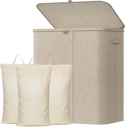 Laundry Basket 165L with Lid 3 Compartments Divider Beige