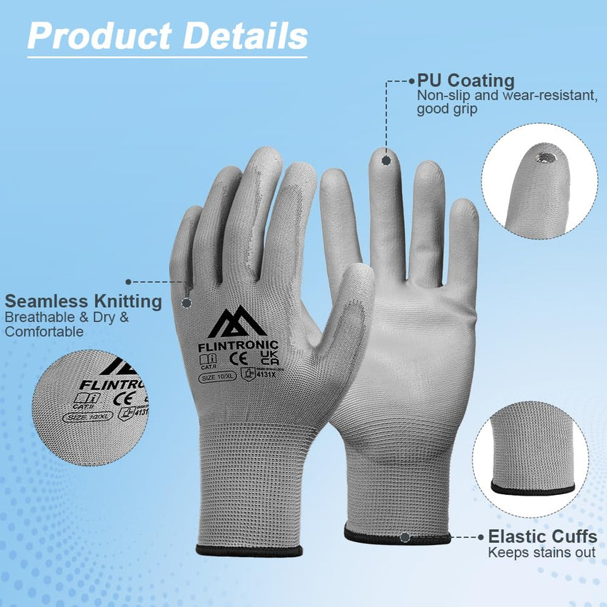 Work Gloves PU-Coated Non-Slip 12-Pair Protective for Gardening & General Duty â Grey XL