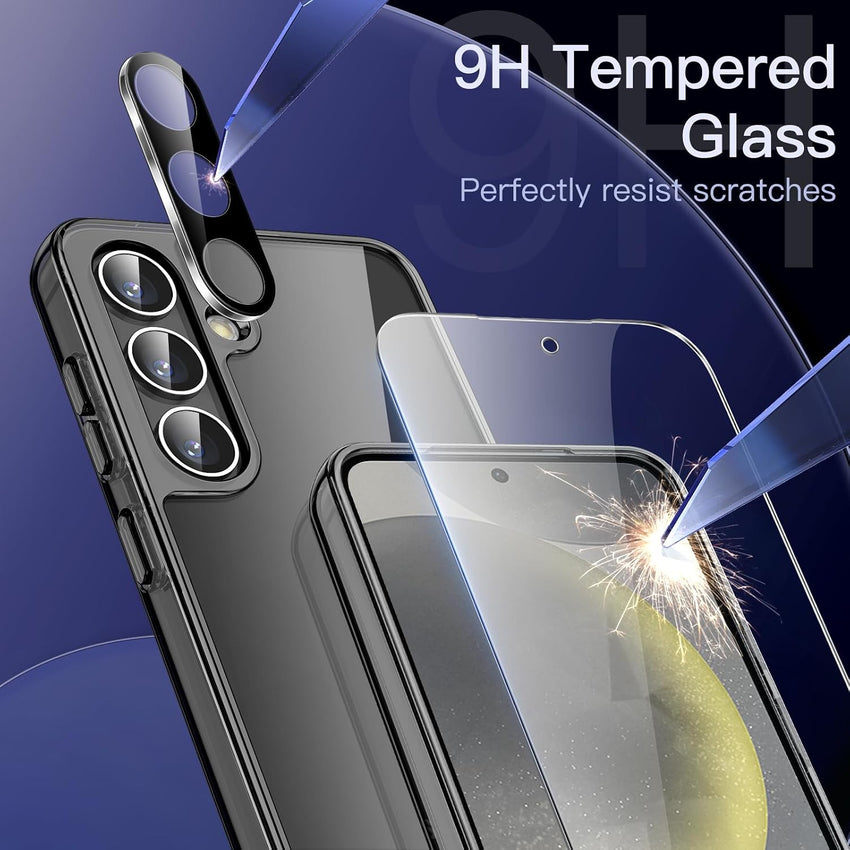 JETech 5 in 1 Case for Samsung Galaxy S24+ / S24 Plus 5G with 2-Pack Each Tempered Glass Screen Protector and Camera Lens Protector, Non-Yellowing Shockproof Bumper Phone Cover (Dark Blue)
