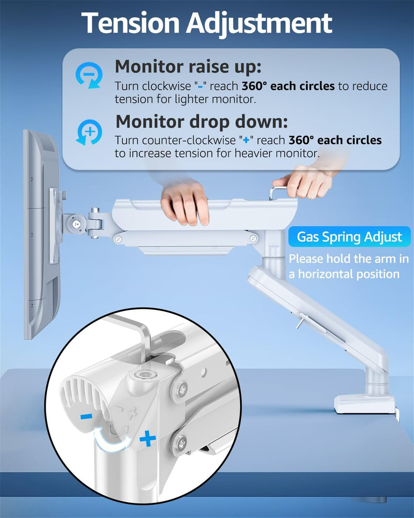 Single Arm Monitor Gas Spring Desk Mount 13â32" Tool-Free Height Adjustable VESA 75/100 C-clamp & Grommet â White