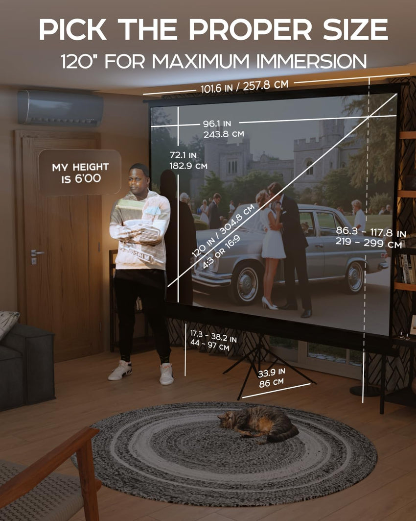 PropVue Projector Screen with Stand 100-120 inch - Indoor and Outdoor Projection Screen for Movie or Office Presentation - Adjustable from 16:9 to 4:3 HD Premium Wrinkle-Free Tripod Screen