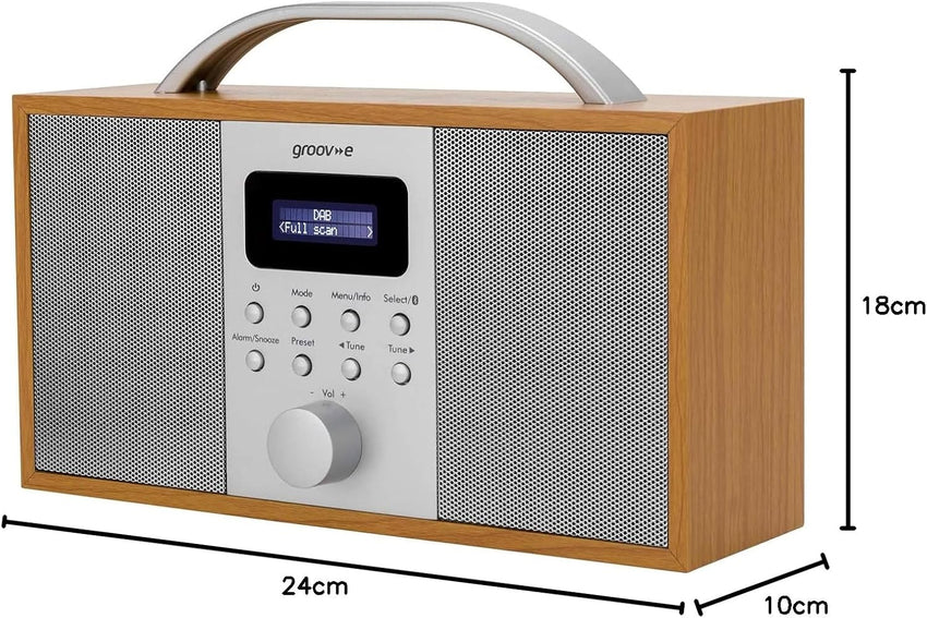 Groov-e Boston Wooden DAB & FM Digital Radio - Built-In Alarm Clock, Dynamic Range Control & Bluetooth Connectivity - LCD Display - Mains or Battery Operated - Portable Radio - 40 Preset Stations