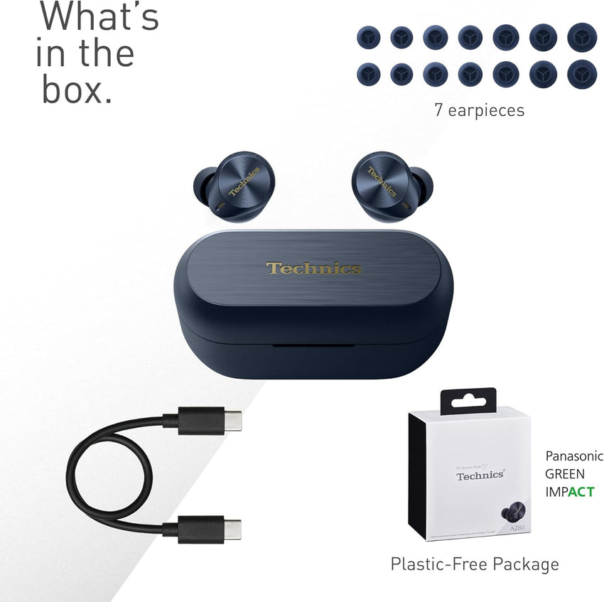 Technics EAH-AZ80E-A Wireless Earbuds READ DESC with Noise Cancelling, Bluetooth, Comfortable In-Ear Earphones with Built-in Microphone, Customisable Fit, Up to 7 Hours Playtime, Midnight Blue