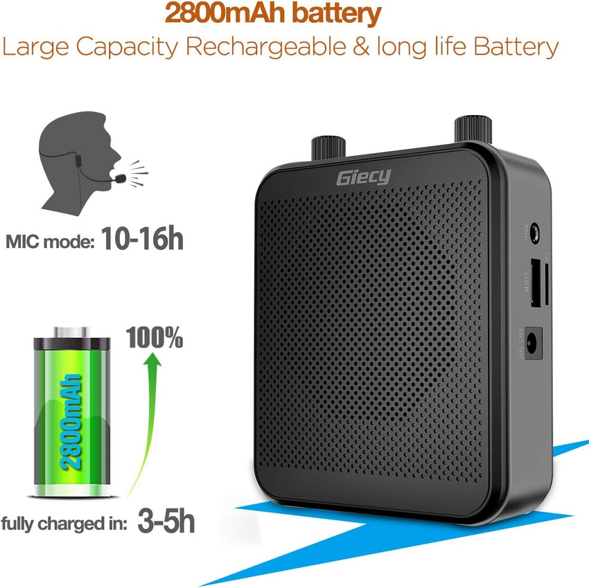 Giecy Portable Voice Amplifier with Headset Microphone 30W Rechargeable Battery 2800mAh Powerful Sound System for Teachers, Guides, Coaches, Presenters