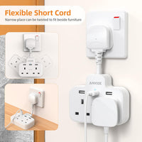Double Plug Adaptor with USB, 2 Way Wall Adapter with Short Extension Lead, Multi Plug Socket Extender For Home Office (White)