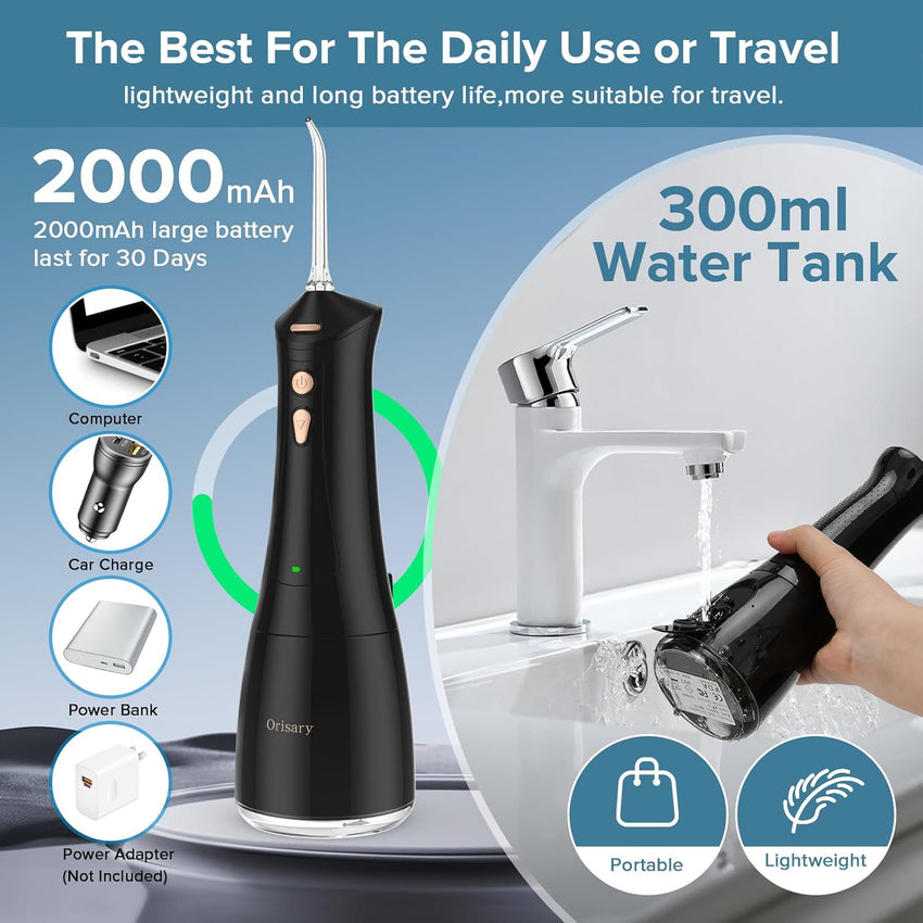 Water Flosser Cordless Rechargeable 2000mAh 5 Modes 5 Tips 300ml IPX7