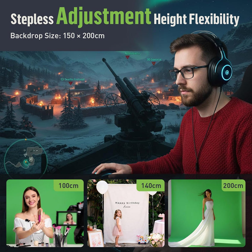 Heysliy Green Screen Background with Stand 2x2M/6.5x6.5Ft,1.5 x2M GreenScreen Photography Backdrop Kit for Gaming,Photo Studio,Stream,Chroma Key