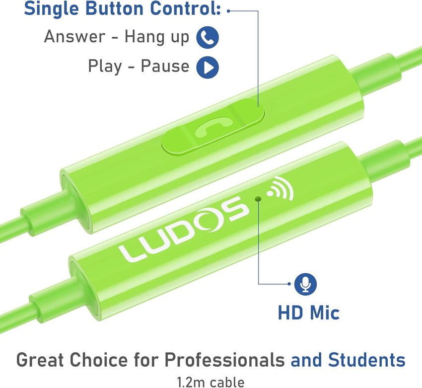 Ludos OMNITONE Wired Earbuds in-Ear Headphones, Earphones with Microphone, 5 Years Warranty, Noise Isolation Corded for 3.5mm Jack Ear Buds for iPhone, iPad, Samsung, Laptop, Gaming, Sports - Green