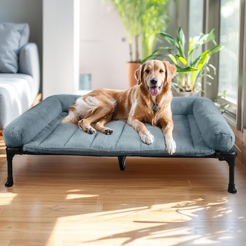 Veehoo Elevated Dog Bed with Removable Bolster, Fluffy Raised Dog Bed off Ground Elevated Dog Bed Portable Raised Pet Cot with Cushion, No-Slip Feet Indoor Outdoor, Haze Blue 125 x 83 x 23 cm
