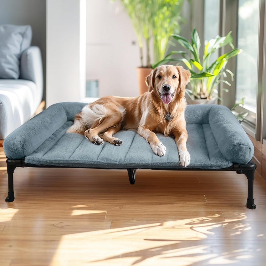 Veehoo Elevated Dog Bed with Removable Bolster, Fluffy Raised Dog Bed off Ground Elevated Dog Bed Portable Raised Pet Cot with Cushion, No-Slip Feet Indoor Outdoor, Haze Blue 125 x 83 x 23 cm