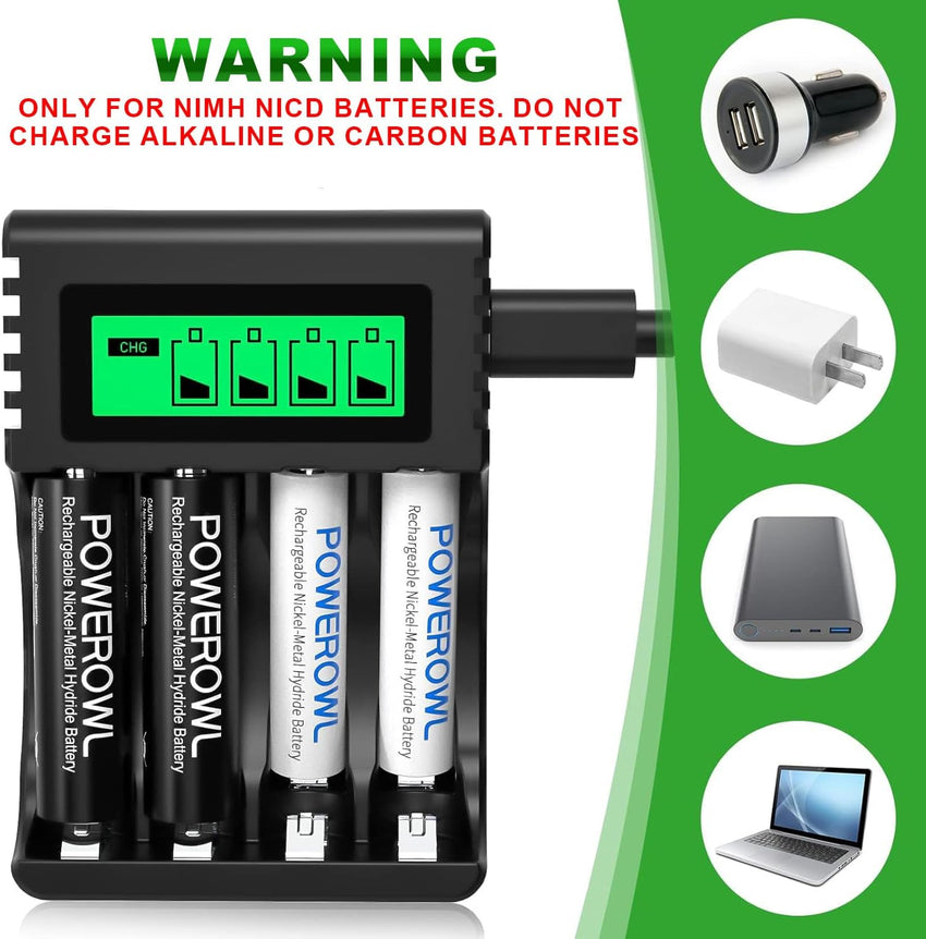 POWEROWL 4-slot AA AAA Battery Charger with LCD Display (5V 2A Quick Charging, Independent Slot) for Ni-MH Rechargeable Batteries (No Adapter)