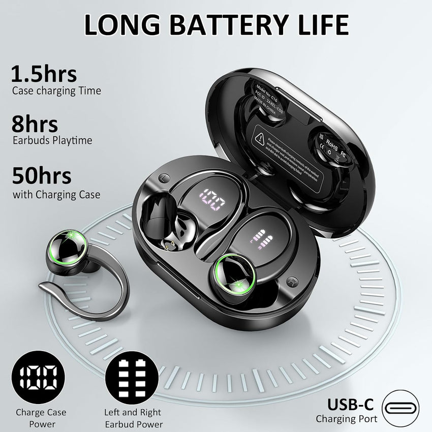 Wireless Earbuds Bluetooth 5.4 Sport ENC 4 Mics 50h Playtime Black