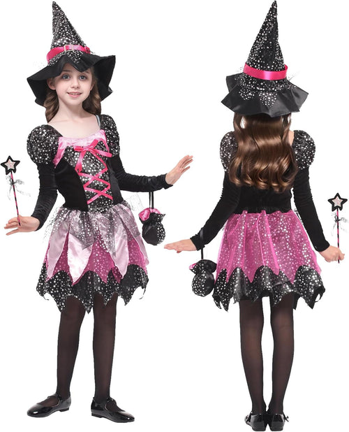 GEMVIE Halloween Witch Costume for Kids â Dress, Hat, Wand, Candy Bag