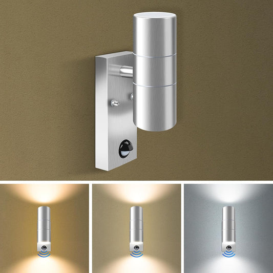 ALUSSO LED Outdoor Wall Light Motion Sensor,IP65 Stainless Steel Up Down Light Mains Powered,Warm White/Neutral White/Cool White Selectable,2x8W GU10 Included,Outside Sconce Wall Mounted for Porch