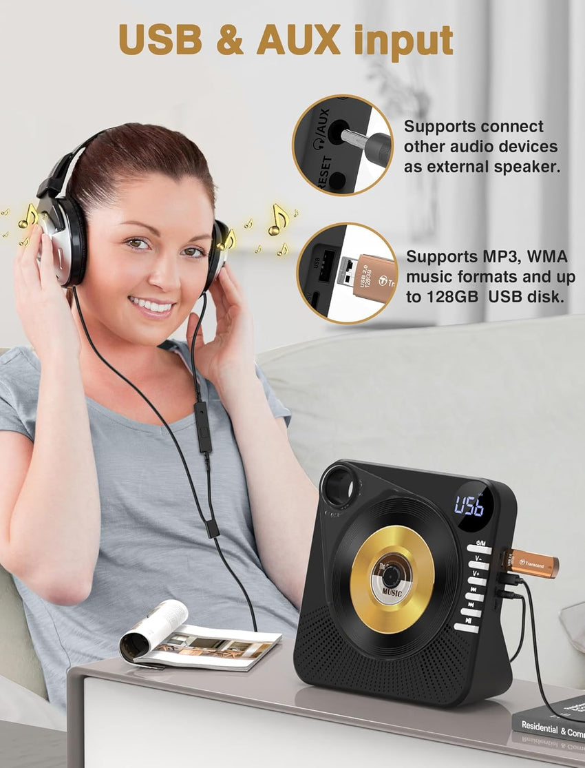 Portable CD Player with Bluetooth 5.0, Greadio Desktop CD Players for Home, CD Music Player with Speakers, Remote Control, Dust Cover, FM Radio, LCD Display, AUX, USB, Headphone Jack