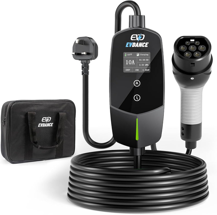 EV Charger Cable Type 2 to 3 Pin Plug 10m Adjustable Current Portable Charger â Black