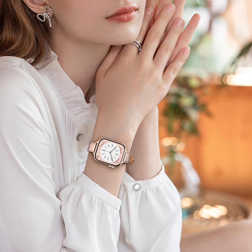 Tuocal Genuine Leather Strap Compatible with Apple Watch Strap 38mm 40mm 41mm 42mm(Series 10) for Women Men, Slim Thin Elegant Narrow Wristband for iWatch Series 10 9 8 7 6 5 4 3 2 1