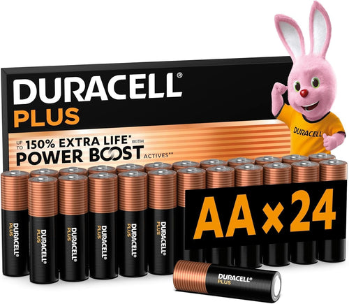 DURACELL Plus AA Batteries (24 Pack) - Alkaline Batteries 1.5V - Up to 150% Extra Life with POWER BOOST Actives- Reliability For Everyday Devices - 0% Plastic Packaging - 10-Year Storage - MN1500