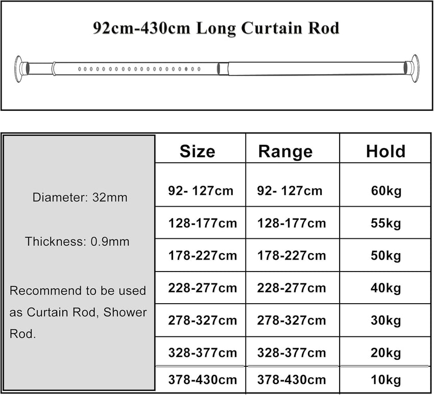 92cm-127cm Long Tension Curtain Rod, No Drilling Extendable Stainless Steel Curtain Pole for Windows and Bathroom,Telescopic Shower Curtain Rod, Room Divider