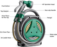 Garden Hose Reel 14M, 12m Water Pipe +2m Leader Hose, Hose Pipe Reel with 8 Adjustable Spray Gun Nozzles, Manual Retractable Garden Water Hose Reel,Outdoor Hose Reel Set for Garden Patios,Balconies