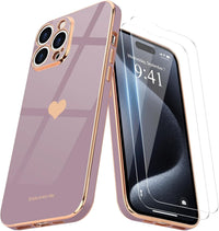 Teageo for iPhone 15 Pro Max Case Girl Women Cute Girly Love-Heart,Lavender | with Screen Protector [2 Pack] Luxury Gold Soft Cover Camera Protection Silicone Shockproof Phone Case iPhone 15 Pro Max