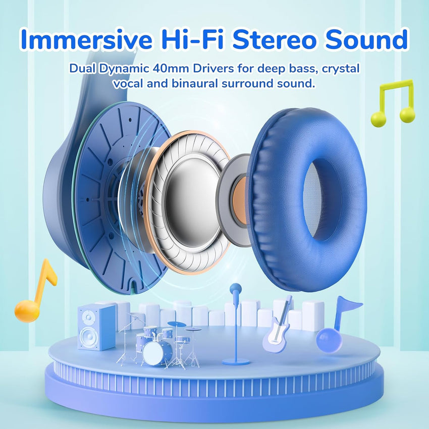 EarFun Kids Headphones Wired, Over Ear Foldable Headphones with Microphones, 85/94dBA Safe Volume Limit, HD Stereo Sound, 3.5mm Jack, Children Headphone for School/Travel/Boys/Teen/Tablet/Pad, Blue
