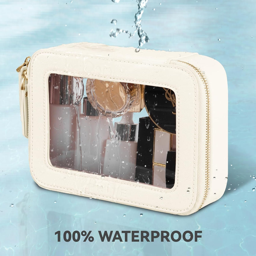 Prite Clear Makeup Bag with Gift Box Waterproof Cosmetic Case Travel Toiletry Bag Car Essentials with Double Zippers (Beige)